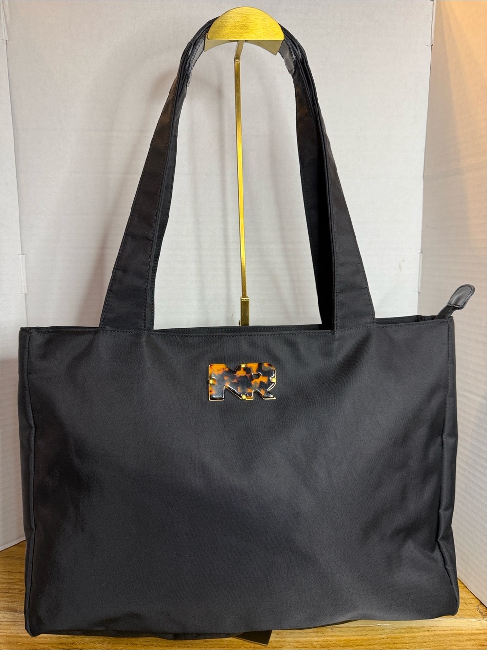 Nina Ricci Made in Italy Black Nylon Tote Bag Tortoiseshell Logo EUC